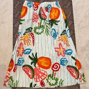 Calypso St. Barth Linen Maxi Skirt with Orange, Pink, Blue & Fruit Print